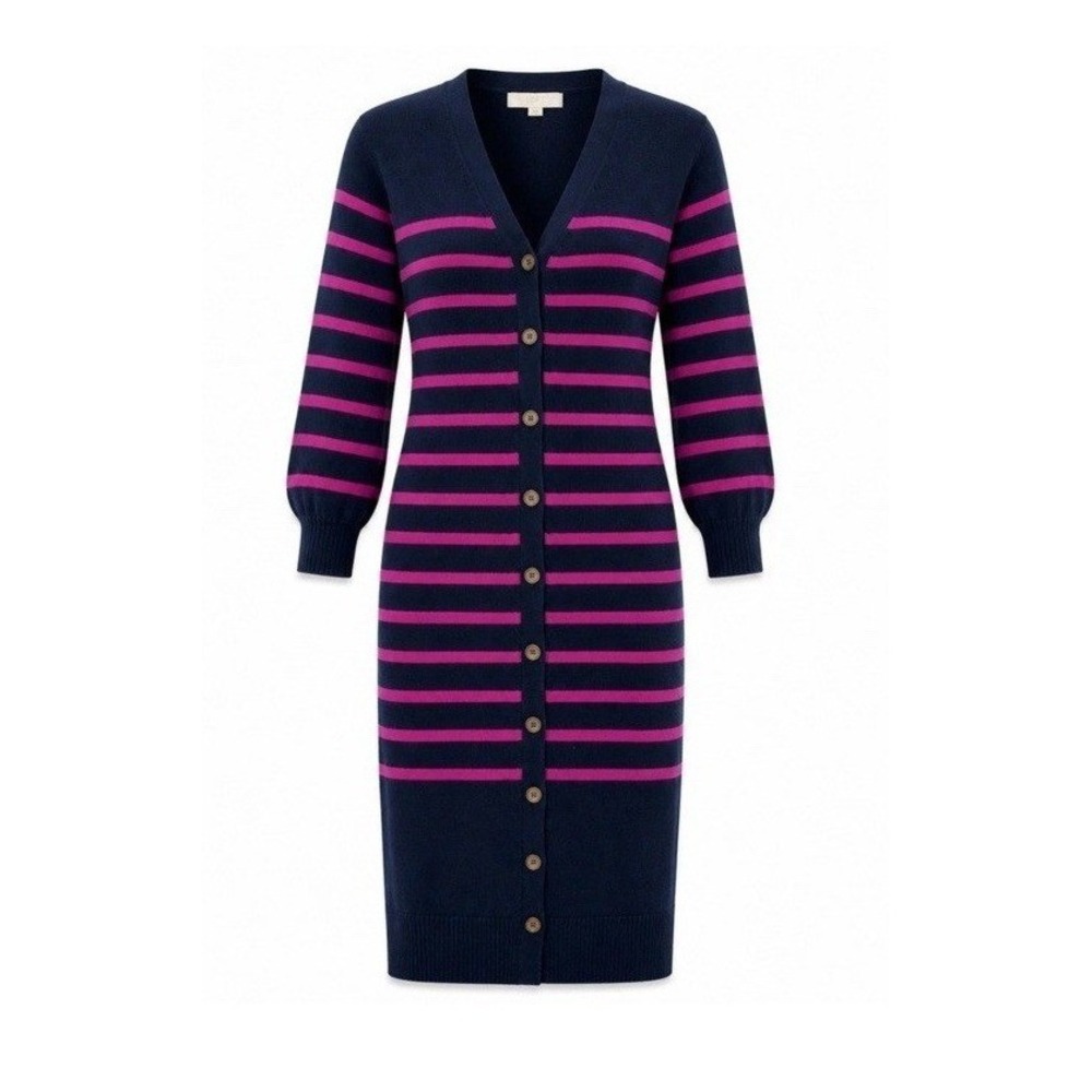 LOFT Navy and Bright Pink Striped Button-Front Knit Dress L